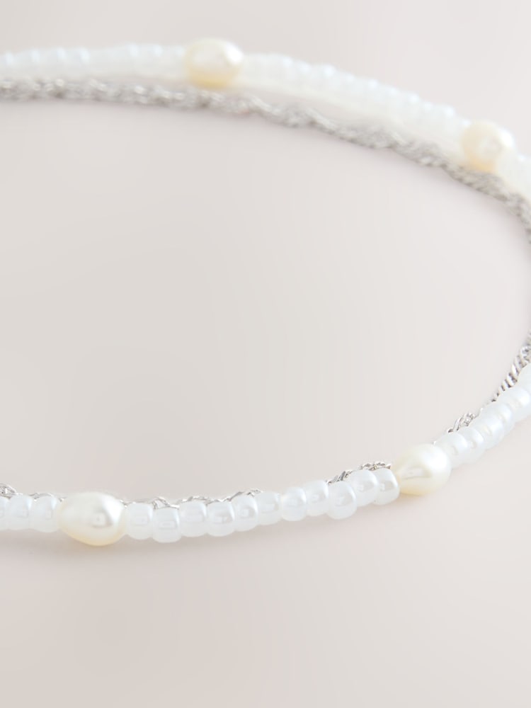 Sterling Silver Tone Pearl Two Layer Bracelet - Image 3 of 3 Sterling Silver Tone Pearl Two Layer Bracelet - Image 3 of 3