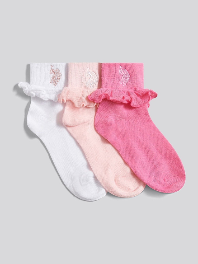U.S. Polo Assn. Pink Girls 3 Pack Frill Ankle Socks - Image 1 of 3 U.S. Polo Assn. Pink Girls 3 Pack Frill Ankle Socks - Image 1 of 3