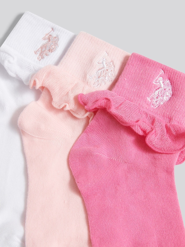 U.S. Polo Assn. Pink Girls 3 Pack Frill Ankle Socks - Image 2 of 3 U.S. Polo Assn. Pink Girls 3 Pack Frill Ankle Socks - Image 2 of 3