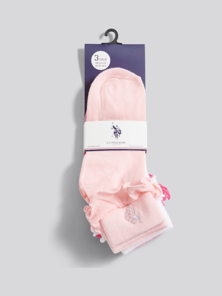 U.S. Polo Assn. Pink Girls 3 Pack Frill Ankle Socks - Image 3 of 3 U.S. Polo Assn. Pink Girls 3 Pack Frill Ankle Socks - Image 3 of 3