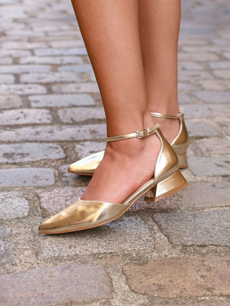 Linzi Gold Wide Fit Dolly Low Block Court Heels - Image 1 of 6 Linzi Gold Wide Fit Dolly Low Block Court Heels - Image 1 of 6