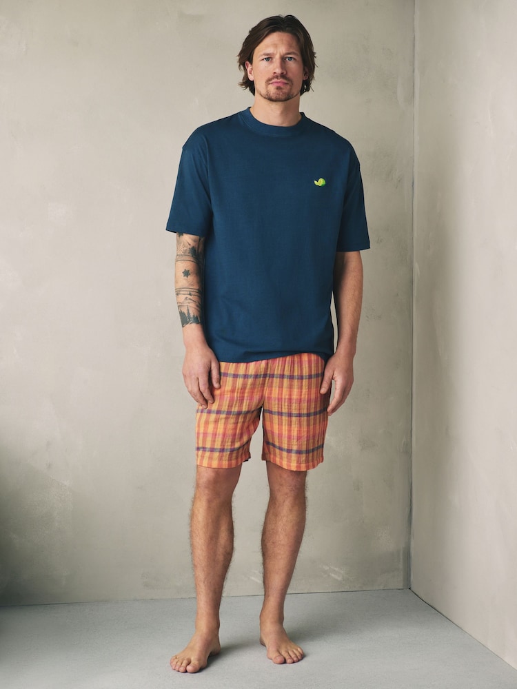 Navy Blue/Orange Woven Short Sleeve Pyjamas Set - Image 1 of 11