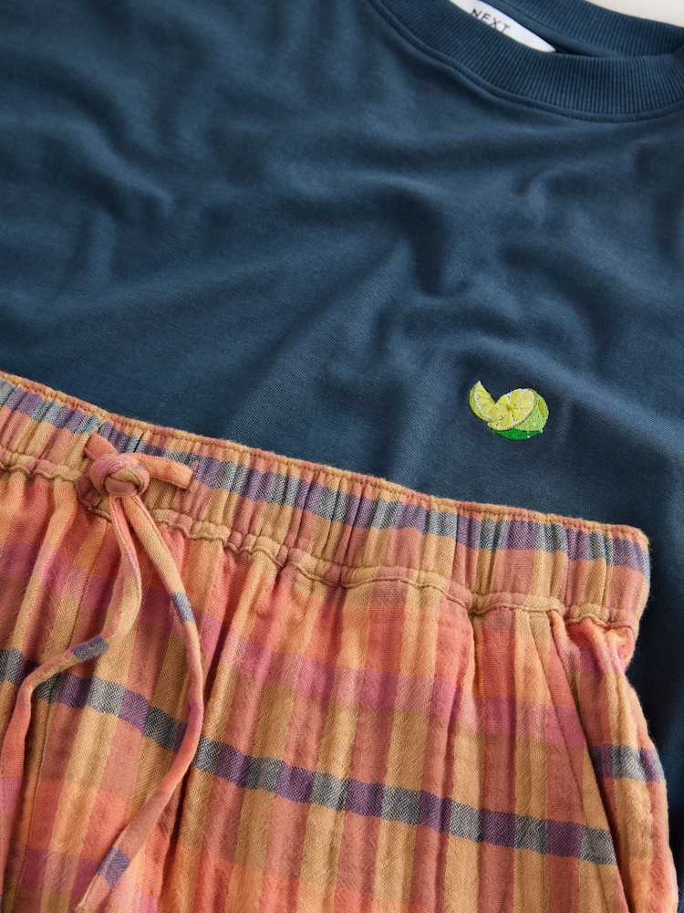 Navy Blue/Orange Woven Short Sleeve Pyjamas Set - Image 11 of 11