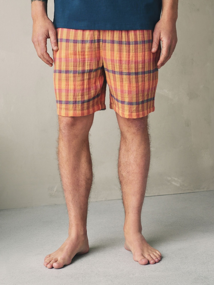 Navy Blue/Orange Woven Short Sleeve Pyjamas Set - Image 2 of 11