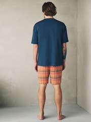 Navy Blue/Orange Woven Short Sleeve Pyjamas Set - Image 4 of 11