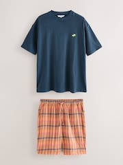Navy Blue/Orange Woven Short Sleeve Pyjamas Set - Image 7 of 11
