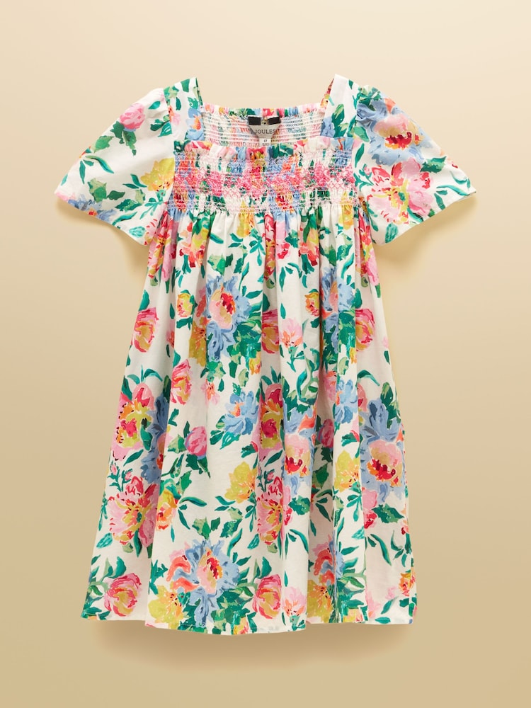 Joules Girls' Eliza Cream Floral Shirred Woven Dress - Image 1 of 5