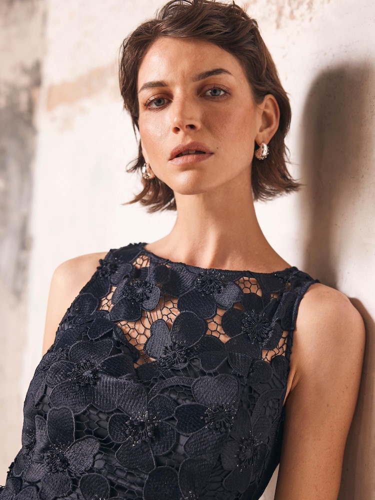 blue floral velvet dress Ventura 90s inspired Midnight Navy Blue Mesh and Leaf Flocked Velvet Midi  Maxi Dress by Motel Rocks  Black Salt