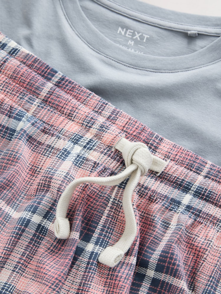 Pink/Blue Check Jersey Short Sleeve Pyjamas Set - Image 12 of 12