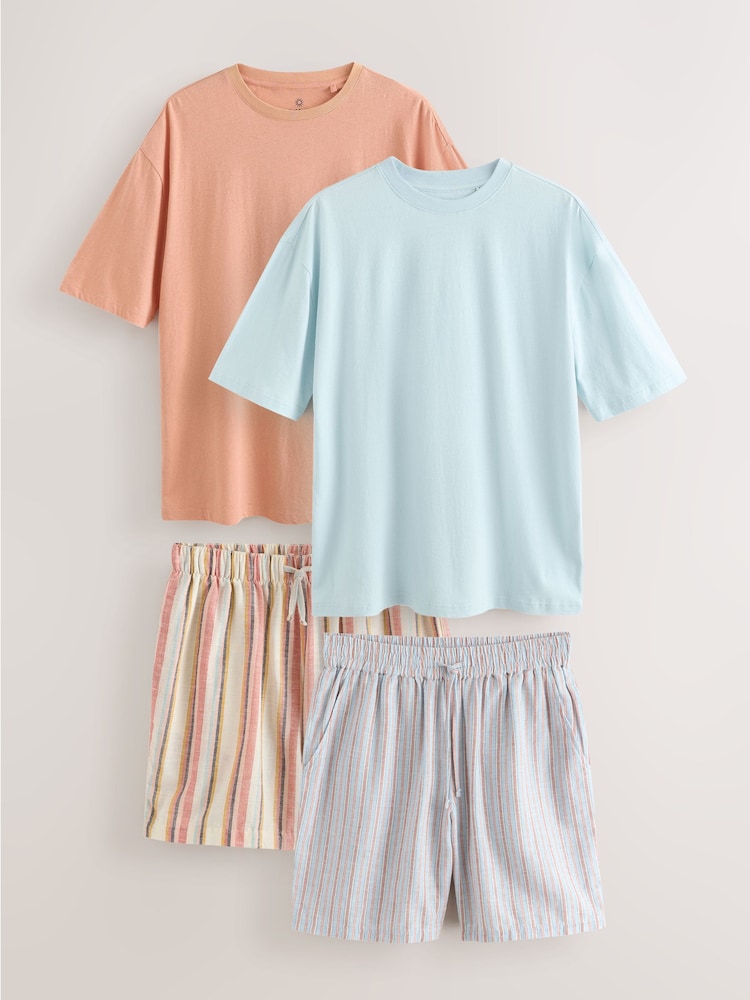 Blue/Orange Woven Stripe Short Sleeve Pyjamas Set 2 Pack - Image 1 of 7 Blue/Orange Woven Stripe Short Sleeve Pyjamas Set 2 Pack - Image 1 of 7