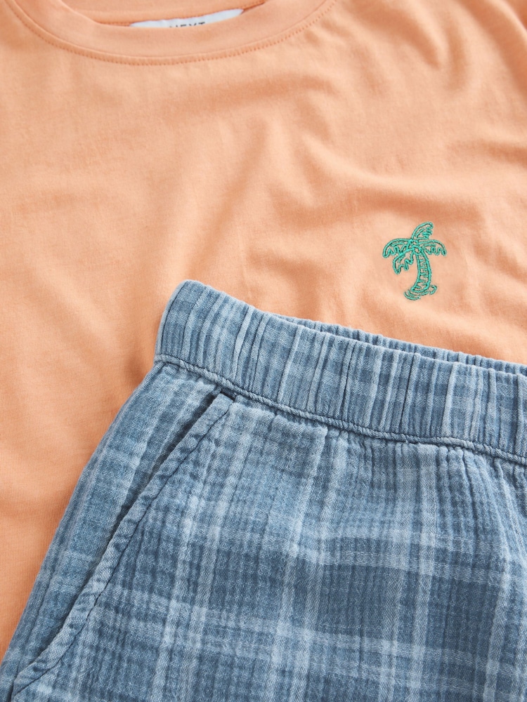 Blue/Orange Woven Short Sleeve Pyjamas Set - Image 11 of 11