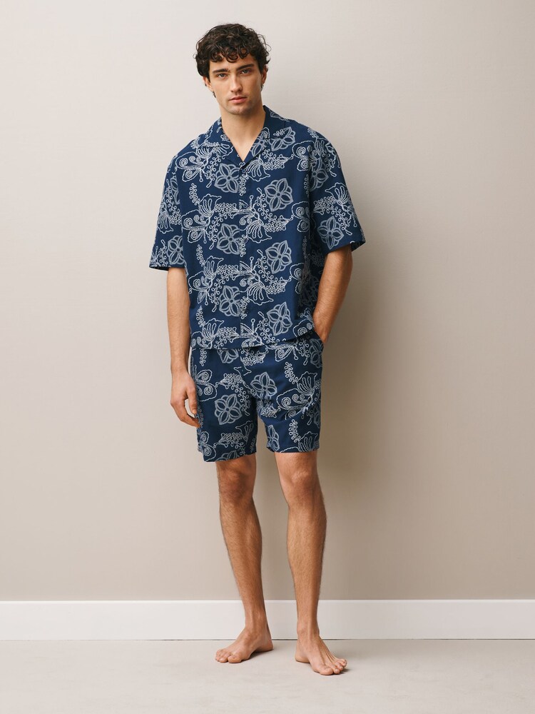Navy Blue Jacquard Pattern Short Sleeve Co-Ord Pyjamas - Image 1 of 6 Navy Blue Jacquard Pattern Short Sleeve Co-Ord Pyjamas - Image 1 of 6
