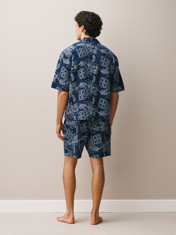 Navy Blue Jacquard Pattern Short Sleeve Co-Ord Pyjamas - Image 2 of 6 Navy Blue Jacquard Pattern Short Sleeve Co-Ord Pyjamas - Image 2 of 6