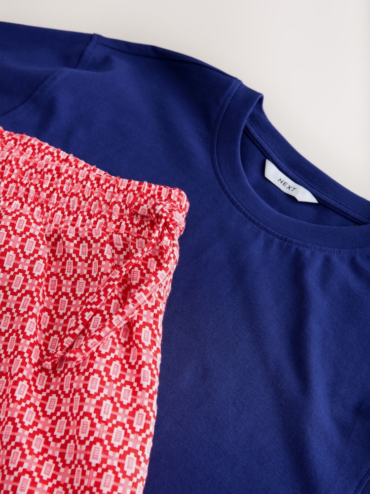 Red/Blue Printed Short Sleeve Woven Pyjamas Set - Image 11 of 11