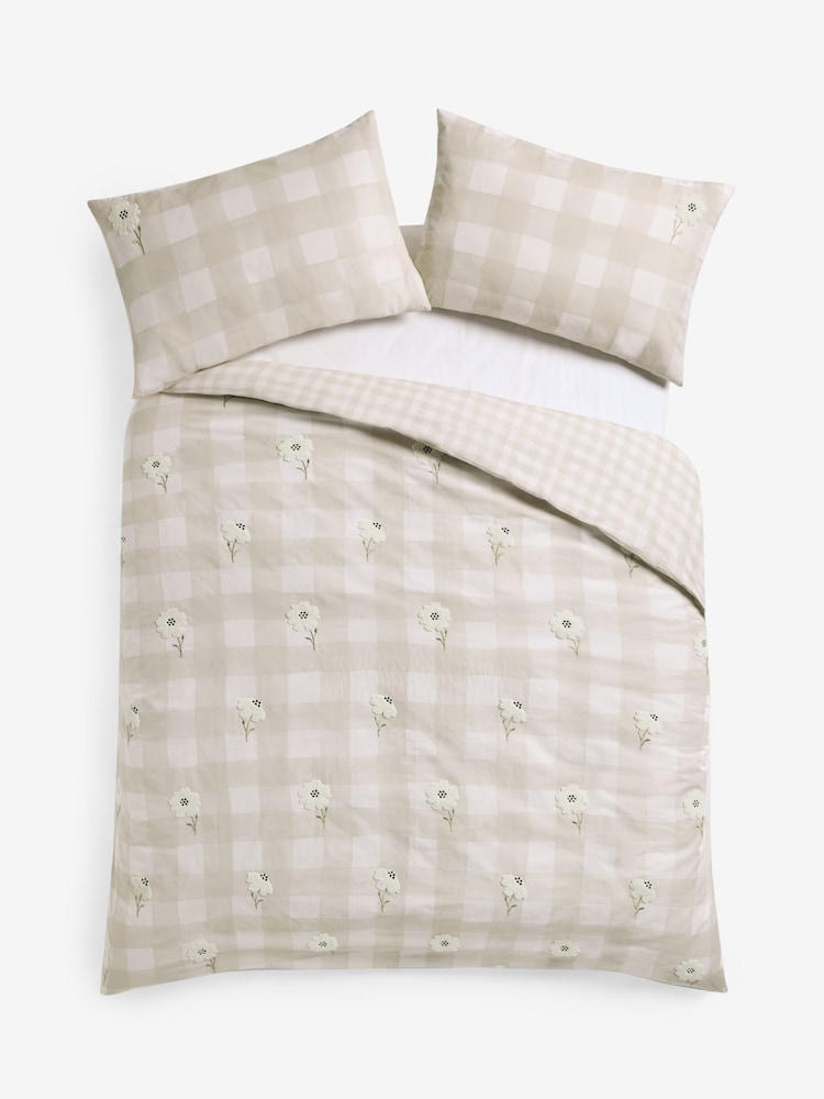 Natural Tufted Floral Gingham Cotton Duvet Cover and Pillowcase Set - Image 6 of 6