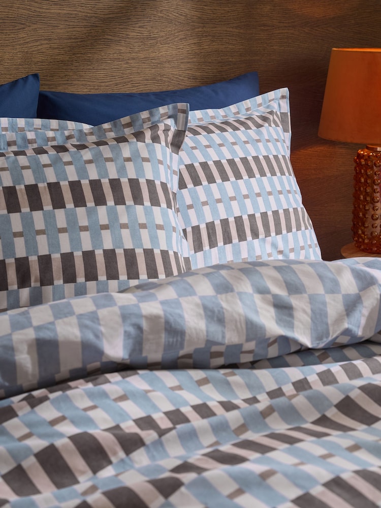 Blue Cotton Geometric Reversible Duvet Cover and Pillowcase Set - Image 2 of 4