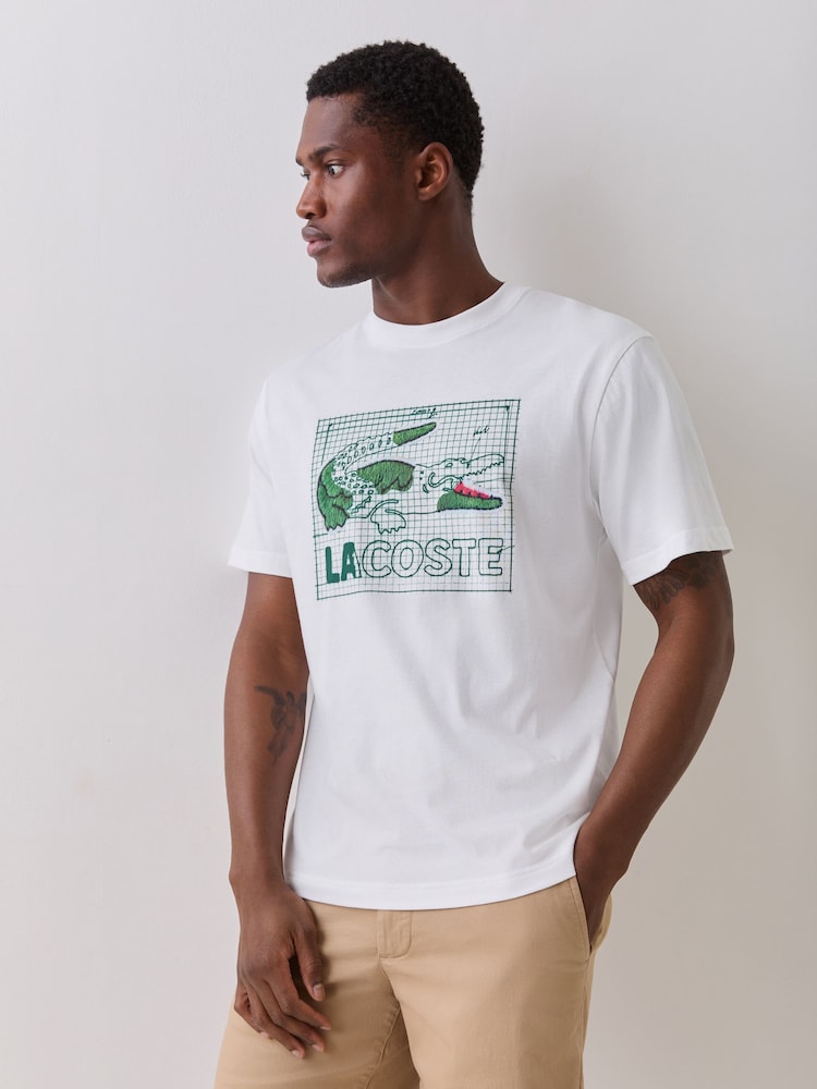 Lacoste White Classic Fit Printed Cotton T-Shirt - Image 1 of 9