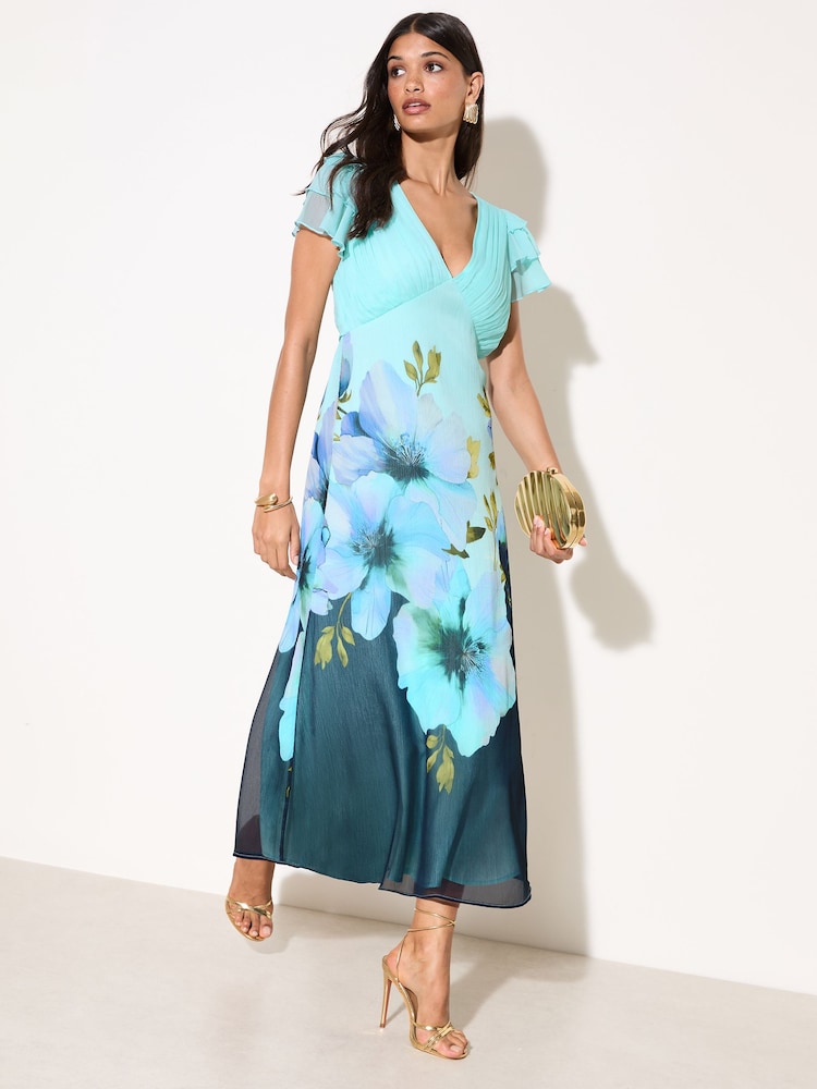 Friends Like These Blue Chiffon Ruffle sleeve V-Neck Midi Dress - Image 1 of 5