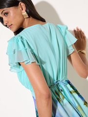 Friends Like These Blue Chiffon Ruffle sleeve V-Neck Midi Dress - Image 4 of 5
