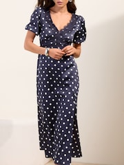 Friends Like These Navy Blue Lace Trim Puff Sleeve Midi Dress - Image 3 of 4