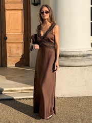 Friends Like These Chocolate Brown Satin Sleeveless Lace Detail Midi Dress - Image 1 of 4