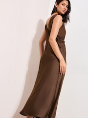 Friends Like These Chocolate Brown Satin Sleeveless Lace Detail Midi Dress - Image 4 of 4