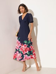 Navy Blomstrete  - Friends Like These Kortermet utsmykket Midi kjole - Bilde 3 av 5