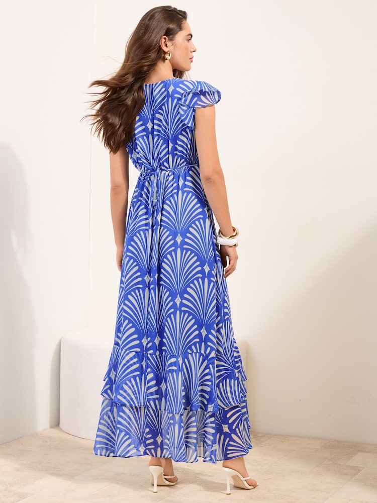 Friends Like These Blue Petite Ruffle Sleeve V-Neck Midi Dress - Image 4 of 4