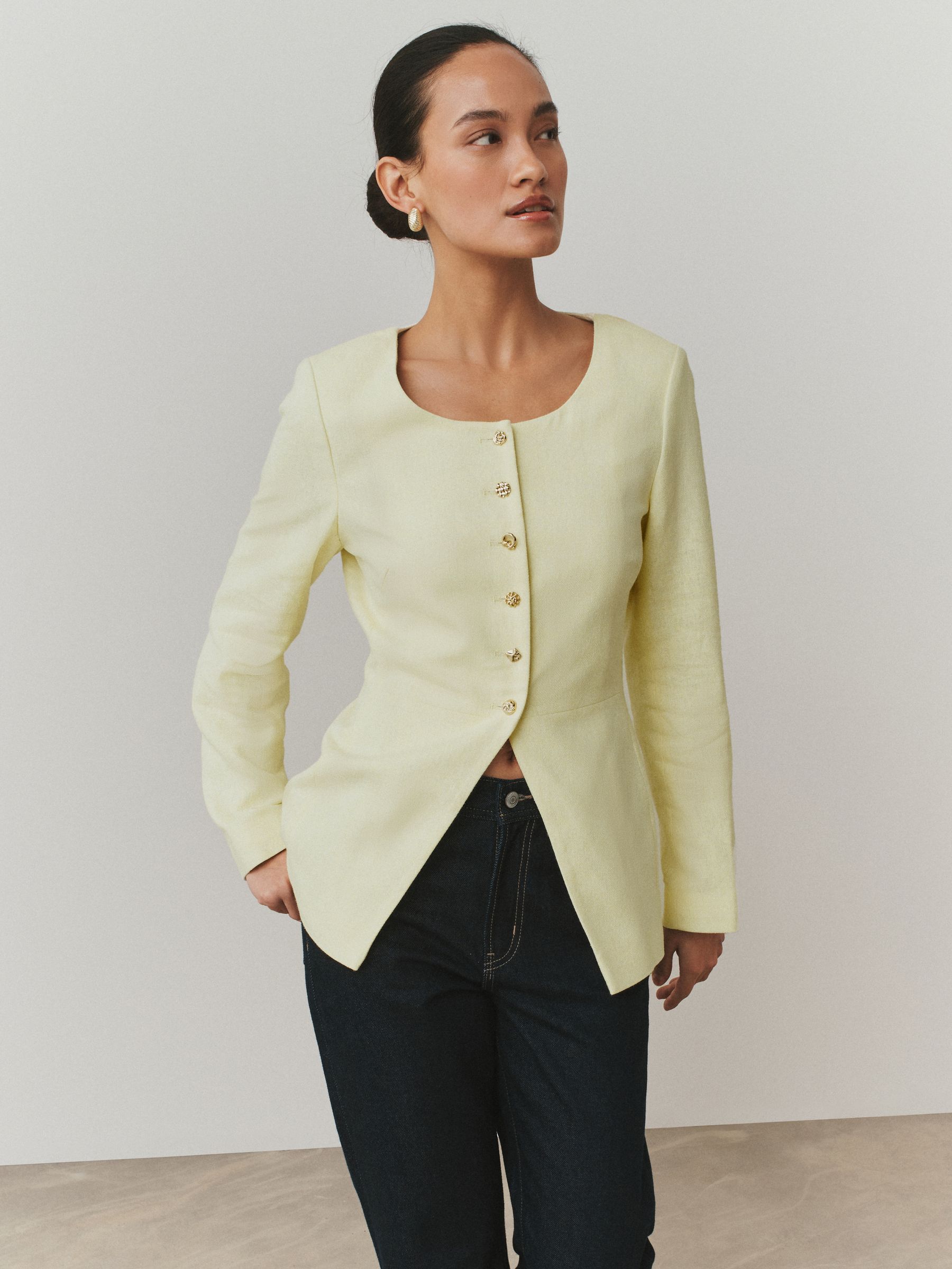 Buy Butter Yellow Linen Rich Herringbone Collarless Jacket from
