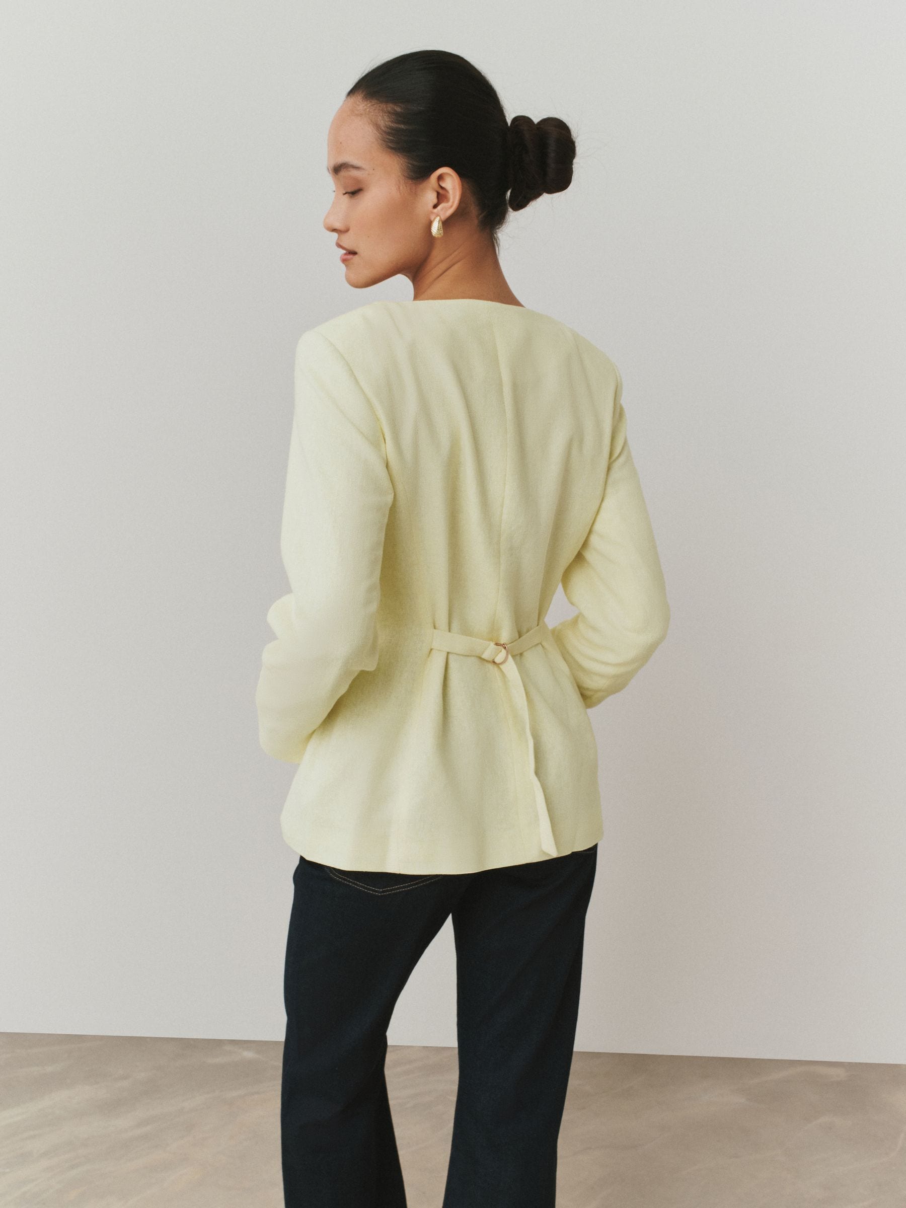 Buy Butter Yellow Linen Rich Herringbone Collarless Jacket from