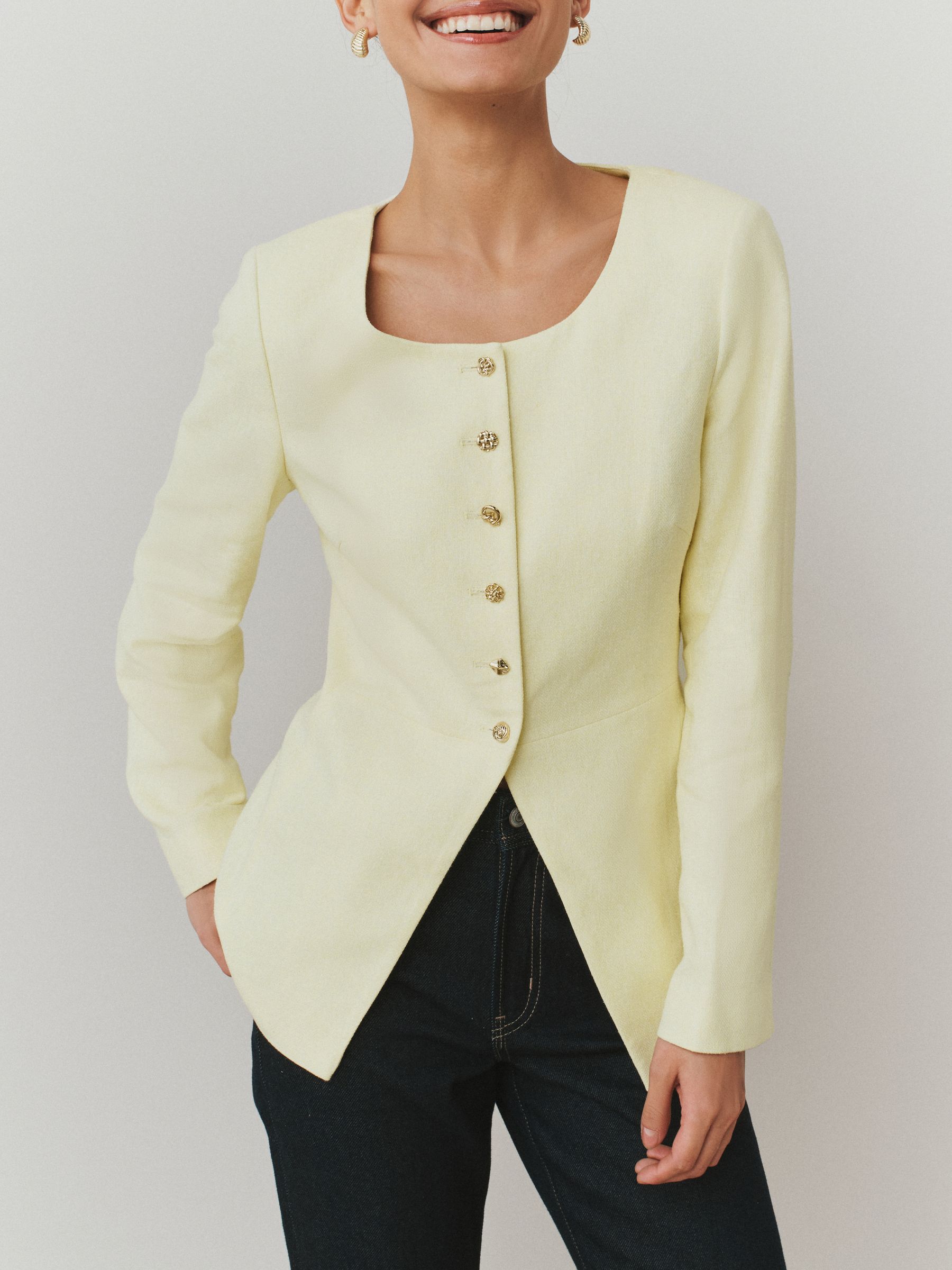 Buy Butter Yellow Linen Rich Herringbone Collarless Jacket from