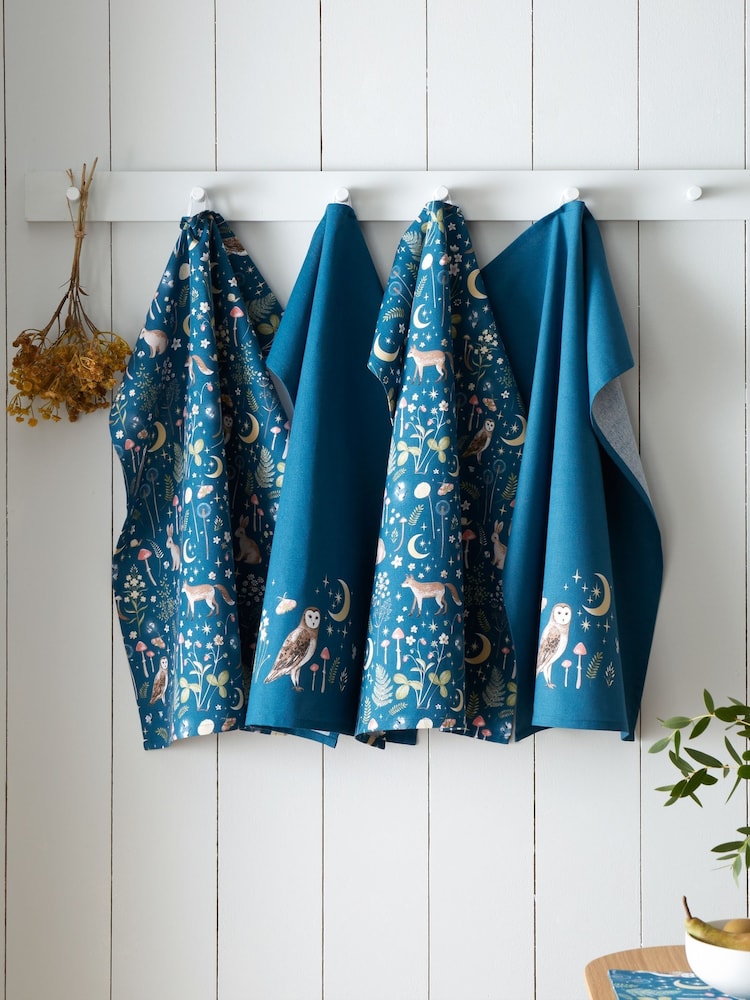Catherine Lansfield Navy Blue Enchanted Twilight Animals Cotton Tea Towel - Image 1 of 2