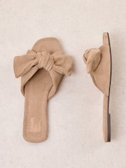 Friends Like These Taupe Brown Faux Suede Bow Slip On Flat Summer Slider Sandals - Image 1 of 4