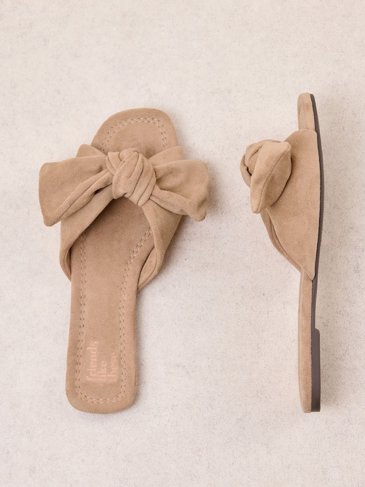 Friends Like These Taupe Brown Faux Suede Bow Slip On Flat Summer Slider Sandals - Image 1 of 4