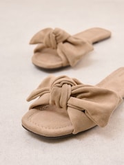 Friends Like These Taupe Brown Faux Suede Bow Slip On Flat Summer Slider Sandals - Image 2 of 4