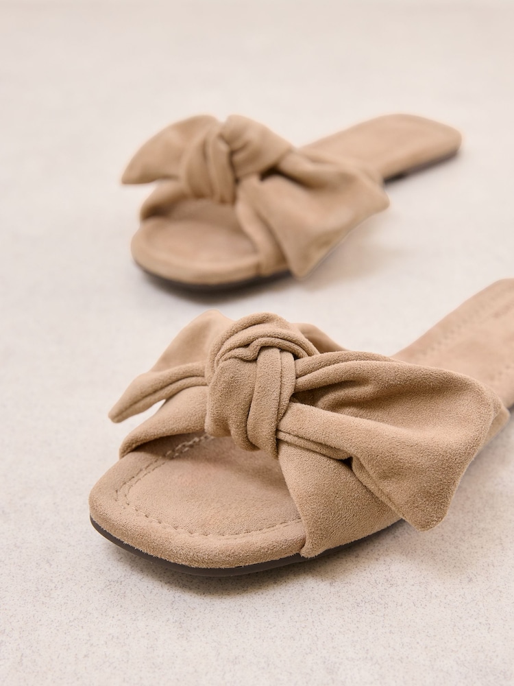 Friends Like These Taupe Brown Faux Suede Bow Slip On Flat Summer Slider Sandals - Image 2 of 4