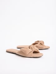 Friends Like These Taupe Brown Faux Suede Bow Slip On Flat Summer Slider Sandals - Image 3 of 4