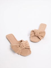 Friends Like These Taupe Brown Faux Suede Bow Slip On Flat Summer Slider Sandals - Image 4 of 4