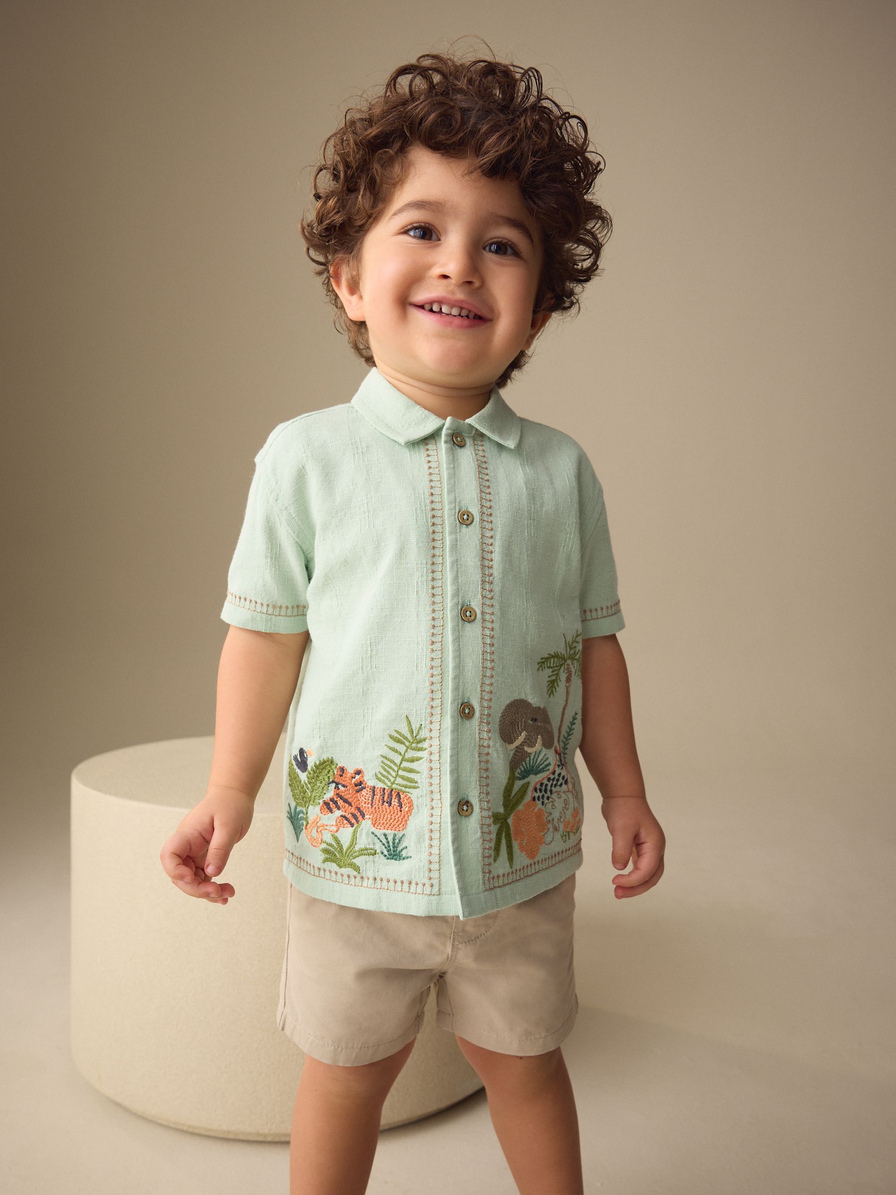 Buy Mint Green Safari Embroidery Short Sleeve Shirt (3mths-7yrs