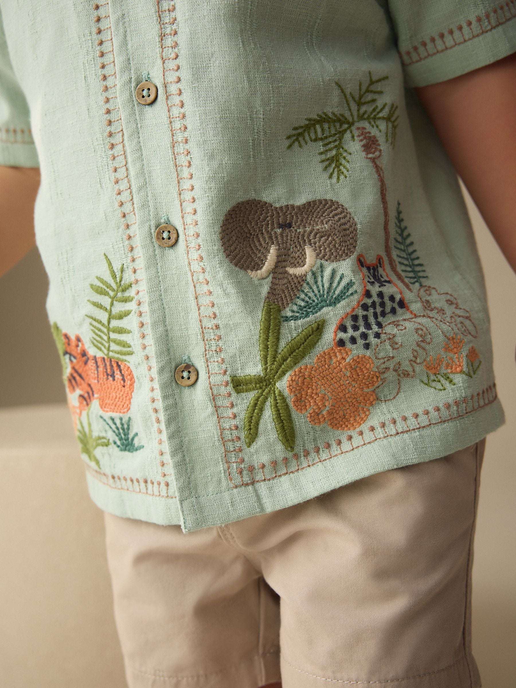Buy Mint Green Safari Embroidery Short Sleeve Shirt (3mths-7yrs