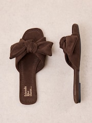 Friends Like These Chocolate Brown Faux Suede Bow Slip On Flat Summer Slider Sandals - Image 1 of 4