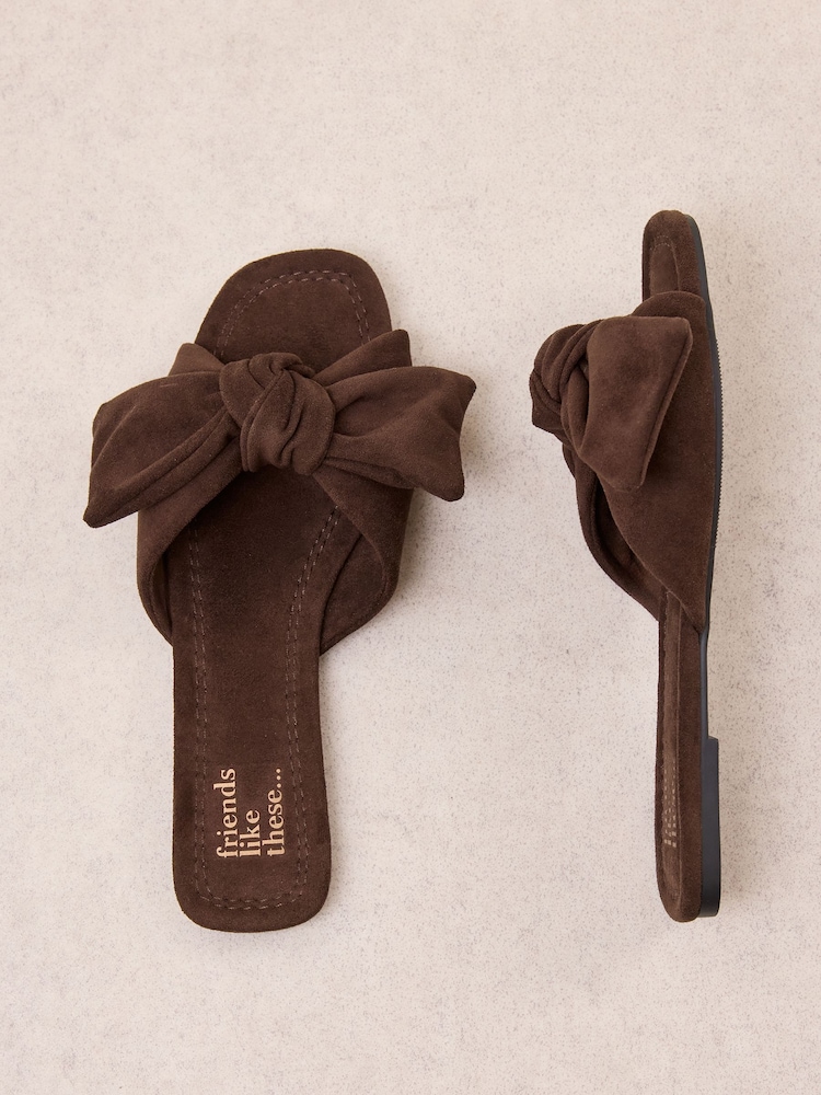 Friends Like These Chocolate Brown Faux Suede Bow Slip On Flat Summer Slider Sandals - Image 1 of 4