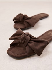 Friends Like These Chocolate Brown Faux Suede Bow Slip On Flat Summer Slider Sandals - Image 2 of 4