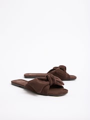 Friends Like These Chocolate Brown Faux Suede Bow Slip On Flat Summer Slider Sandals - Image 3 of 4