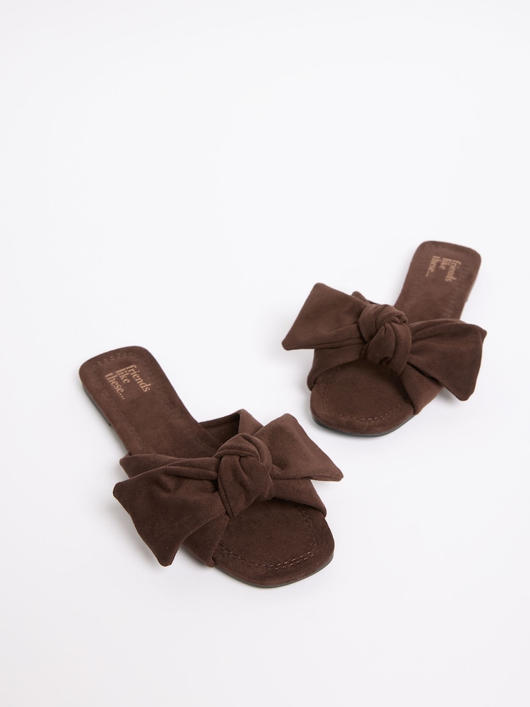 Friends Like These Chocolate Brown Faux Suede Bow Slip On Flat Summer Slider Sandals - Image 4 of 4