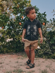 Black Embroidery Flower Short Sleeve Revere Collar Textured Embroidered Shirt (3mths-7yrs) - Image 3 of 10