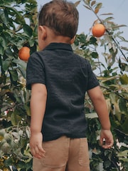 Black Embroidery Flower Short Sleeve Revere Collar Textured Embroidered Shirt (3mths-7yrs) - Image 5 of 10