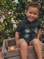 Black Embroidery Flower Short Sleeve Revere Collar Textured Embroidered Shirt (3mths-7yrs) - Image 6 of 10