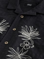 Black Embroidery Flower Short Sleeve Revere Collar Textured Embroidered Shirt (3mths-7yrs) - Image 9 of 10