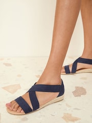 Friends Like These Navy Blue Wide Fit Cross Strap Comfort Low Wedge Sandals - Image 2 of 5